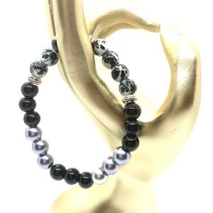 [Casually Yours] Black Agate, Simulated Gray Pearl & Crackle Glass Bracelet